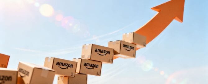 Amazon FBA growth arrow made of product boxes.