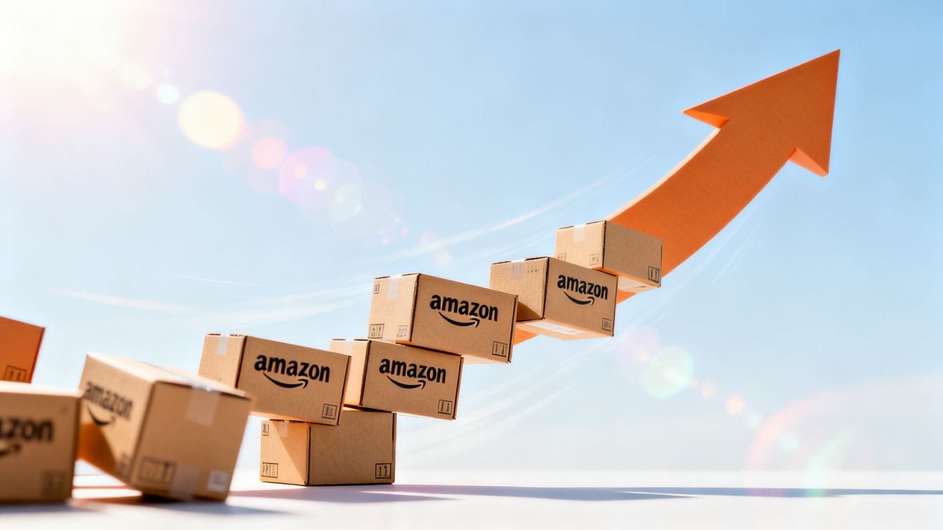 Amazon FBA growth arrow made of product boxes.