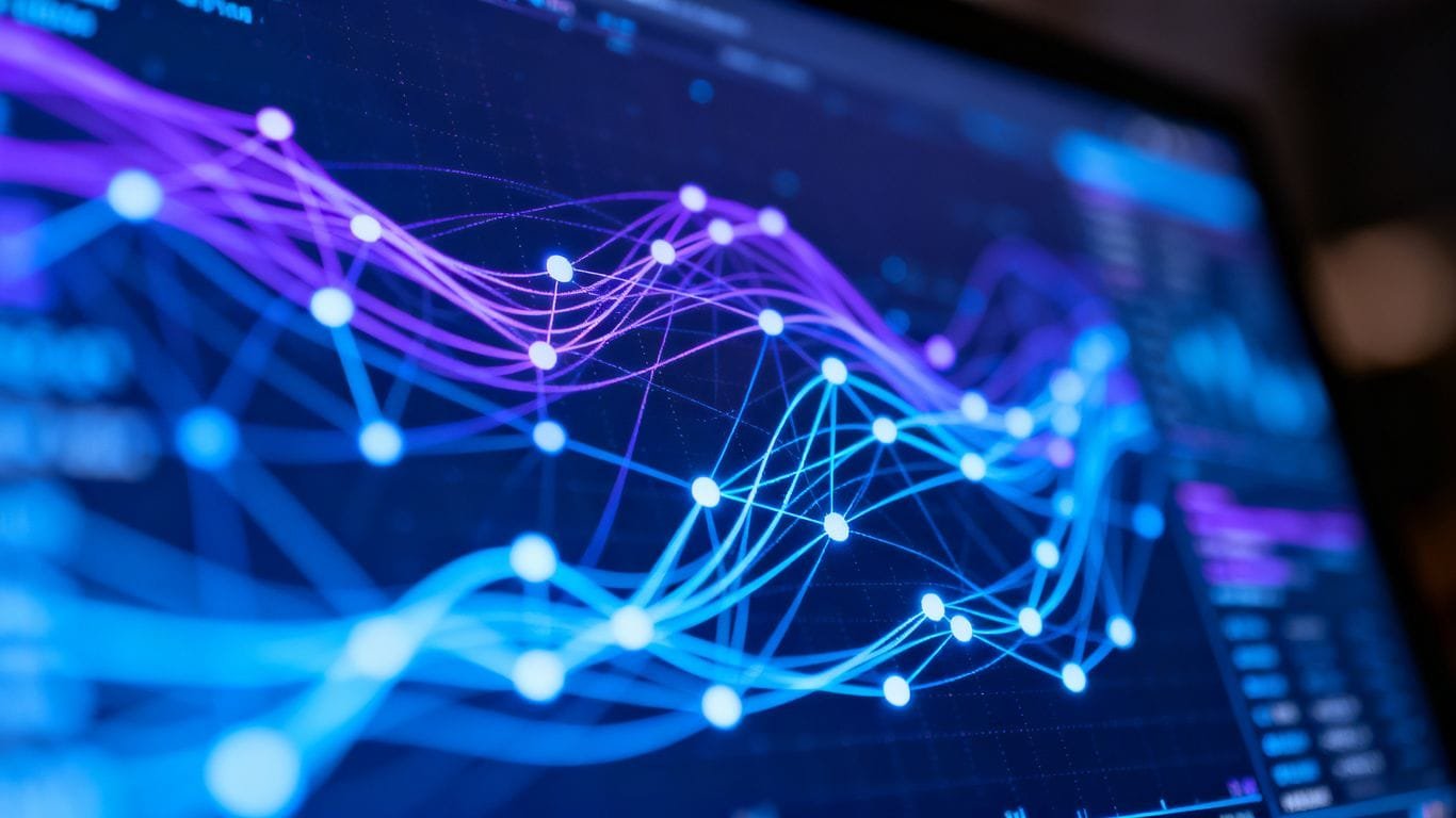 Abstract data visualizations on a digital screen.
