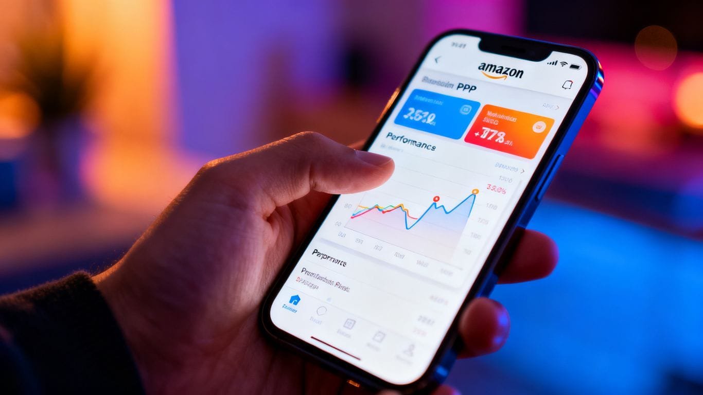 Amazon PPC dashboard on a smartphone screen.