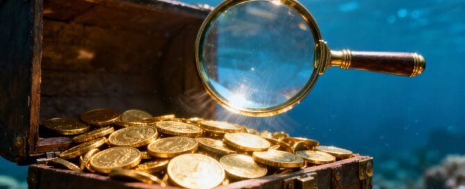 Magnifying glass over treasure chest in ocean
