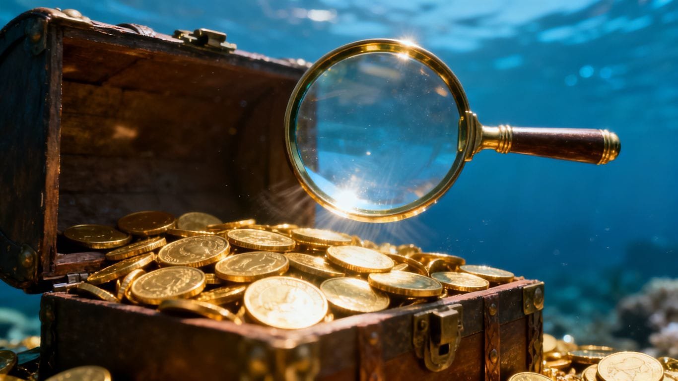 Magnifying glass over treasure chest in ocean